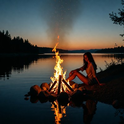 Woman by campfire at lake