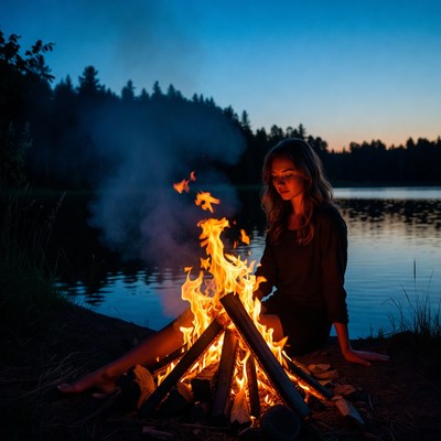 Sitting by the campfire at dusk