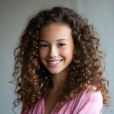 Girl smiling with curly hair indoors