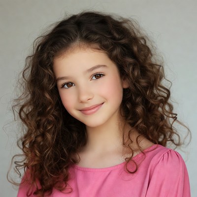 Girl with curly hair smiles brightly