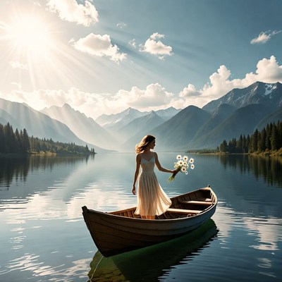 Woman in boat with flowers on lake
