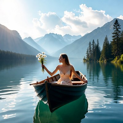 Woman in boat with flowers