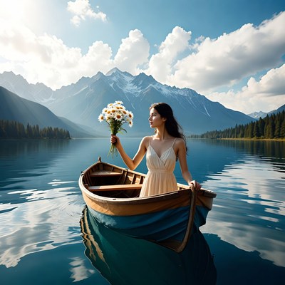 Woman in boat with flowers on lake