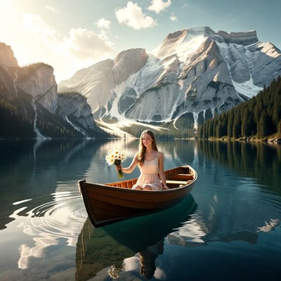 Woman in boat on lake with flowers