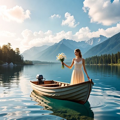 Woman in boat with flowers at lake