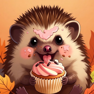 Hedgehog enjoys cupcake with sprinkles