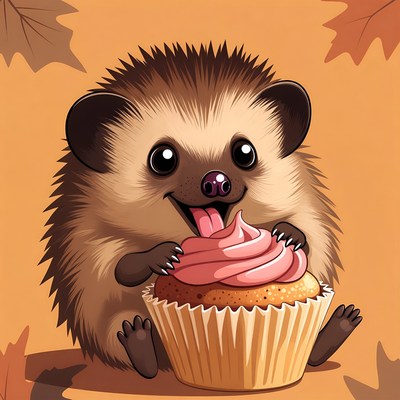 Hedgehog enjoys cupcake in fall