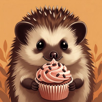 Hedgehog holding a cupcake in autumn setting