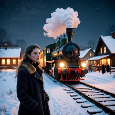 Woman by steam train at night