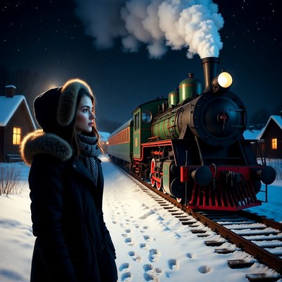 Steam train and woman at night