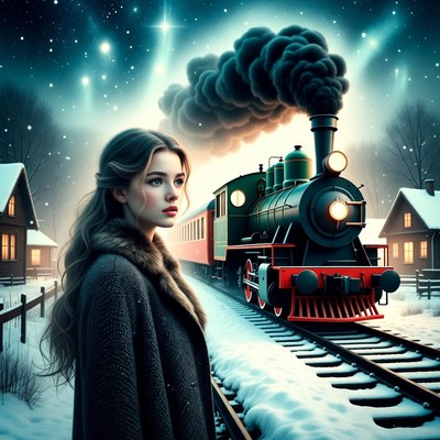 Train in winter landscape with girl