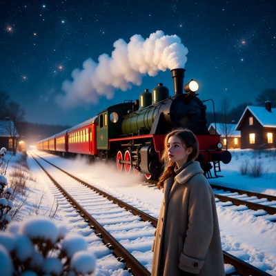 Train passing in snowy landscape at night