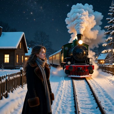 Winter night by the train tracks