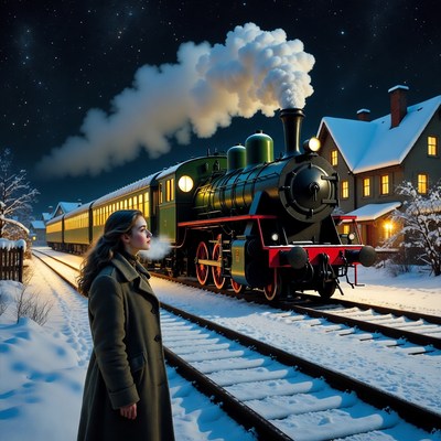 Woman waiting by train at night