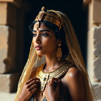 Woman in ancient egyptian dress with gold