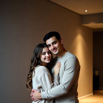 Couple embraces in modern room