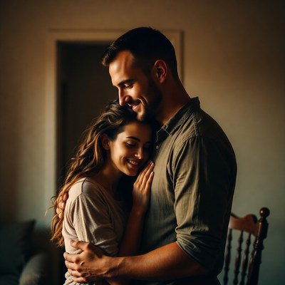 Couple embraces in cozy setting