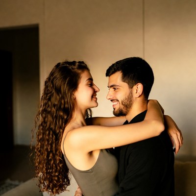 Couple embraces in warm room