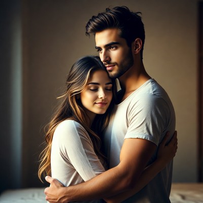 Couple embracing at home