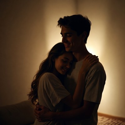 Warm hug in dim light