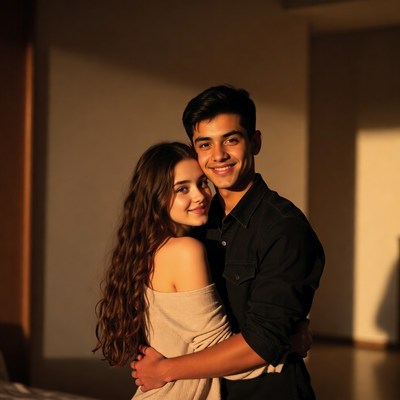 Couple hugs in warm sunlight indoors