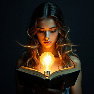 Woman reading with glowing light bulb