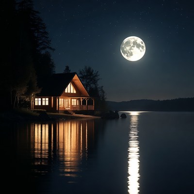 Cabin by the lake at night