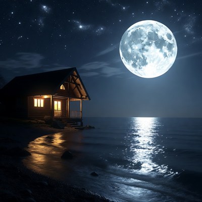 Cabin by the water at night