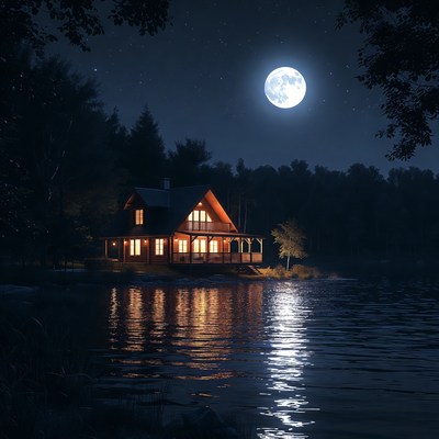 Moonlit cabin by the lake at night