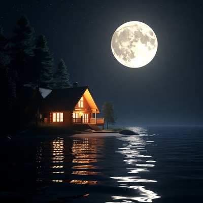 Moonlit cabin by the lake