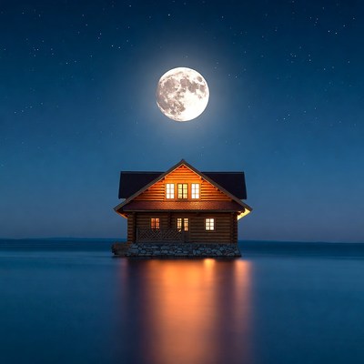 House by water under full moon