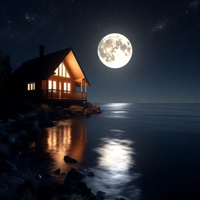 Bright moon over house by water