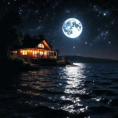 Cabin by the lake at night