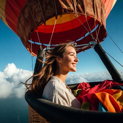 Hot air balloon ride above clouds
