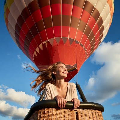 Hot air balloon ride with a smiling woman