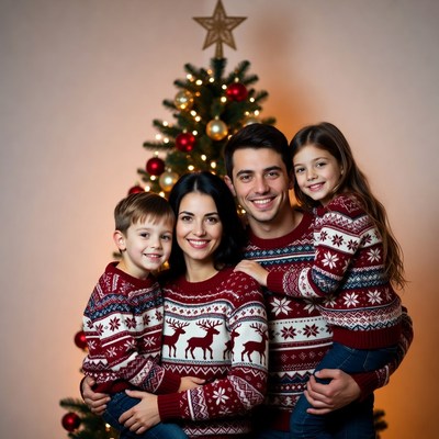 Family holiday photo with christmas tree