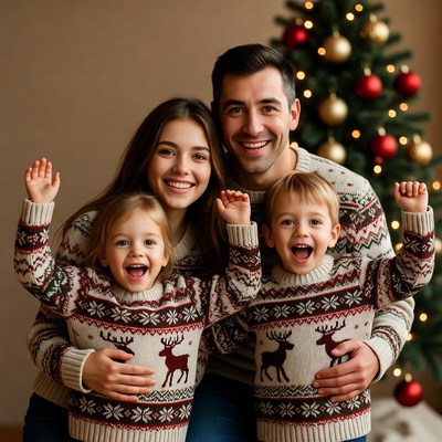 Family in sweaters by christmas tree
