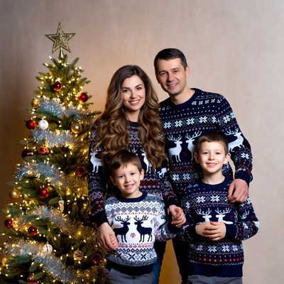 Family in sweaters by christmas tree