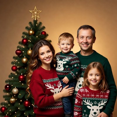 Family gathers by christmas tree