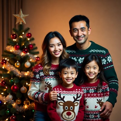 Family celebration by christmas tree