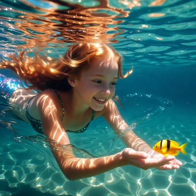 Girl swimming with fish underwater