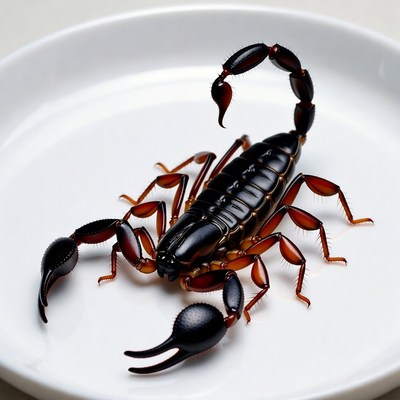 Scorpion on white plate
