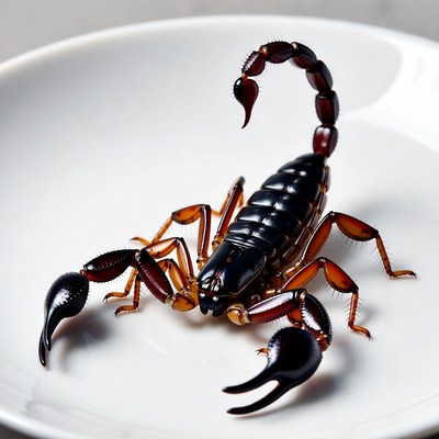 Scorpion on a white plate