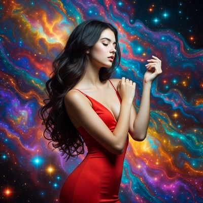 Woman posing against colorful space backdrop