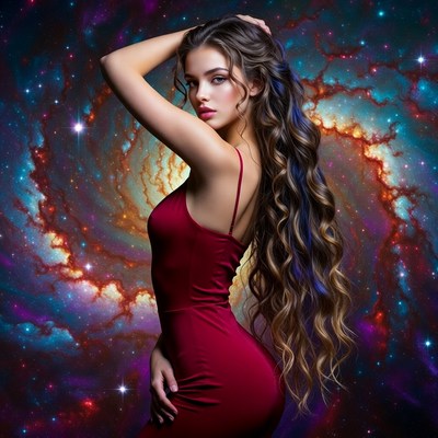 Woman with long hair in space background
