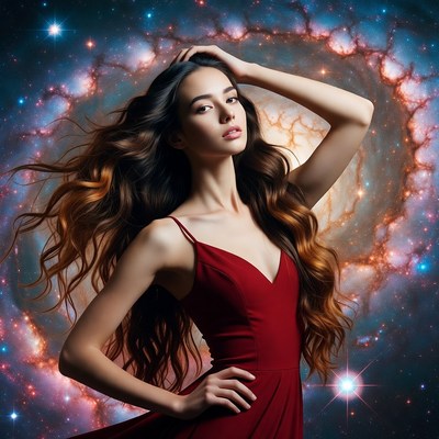 Young woman with long hair in space background