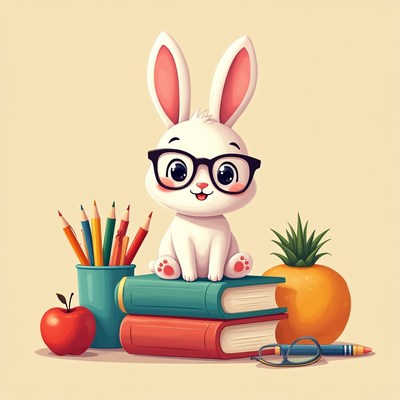 Cute rabbit with school supplies and fruit