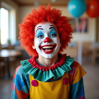 Smiling clown in colorful costume indoors