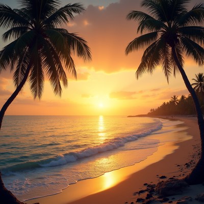 Sunset at tropical beach with palm trees