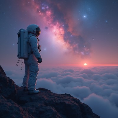 Astronaut watches sunrise over clouds